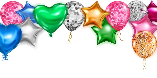 Vector vector illustration with flying colored helium balloons in various shapes and colors on white background