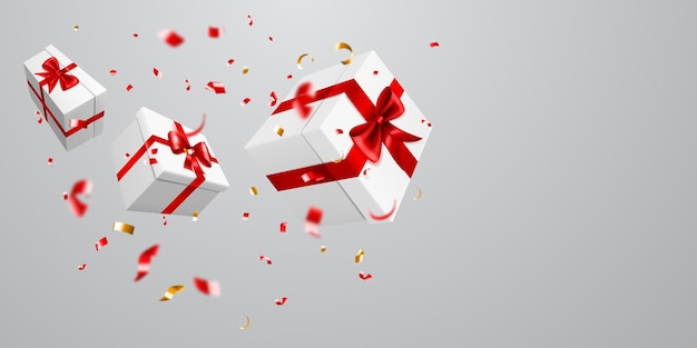 Vector vector illustration with flying gift boxes with red ribbons and bows, and small blurry pieces of serpentines on white background