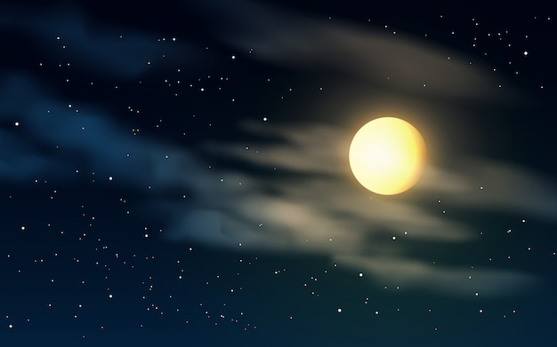 Vector illustration with full moon and clouds on starry night