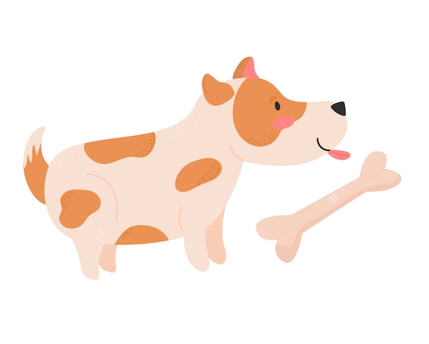 Vector illustration with funny dog with a bone flat cartoon vector illustration