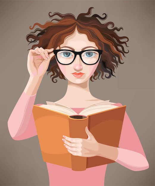 Vector vector illustration with a girl holding a book