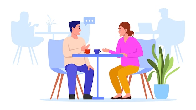 Vector illustration with a guy and a girl talking Cartoon scene with a guy and a girl sitting at a table in a restaurant drinking coffee and talking isolated on a white background