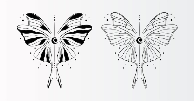 Вектор Векторная иллюстрация с нарисованной вручную бабочкой с луной.
