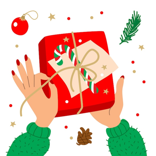 Vector vector illustration with hands and gift wrapping christmas gift box