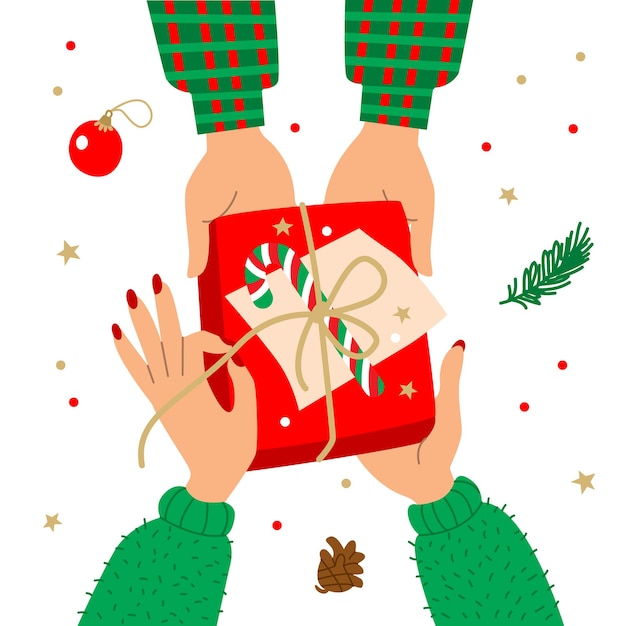 Vector vector illustration with hands nd gift hands untie the ribbon on the gift