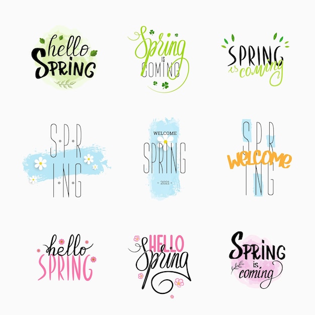 春の挨拶の手書きのレタリングとベクトルイラスト緑ピンクブルーの装飾