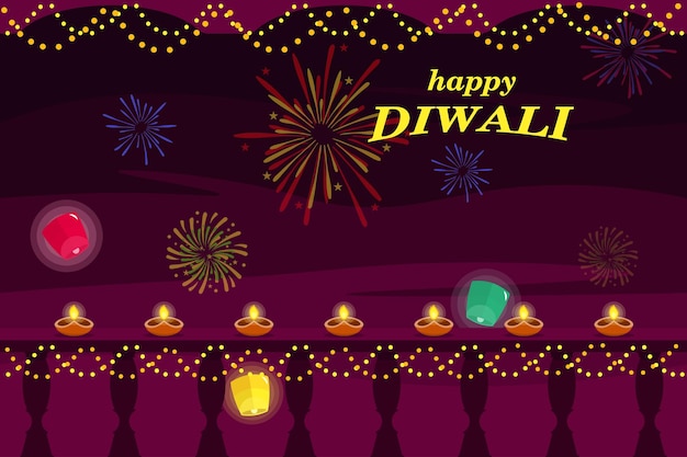 vector illustration with happy diwali wishes cartoon greeting with beautiful oil lamps lanterns and fireworks to celebrate an indian festival diwali celebration