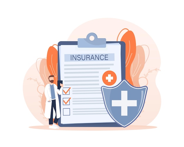 Vector illustration with health insurance concept Big clipboard with doctor and woman Healthcare