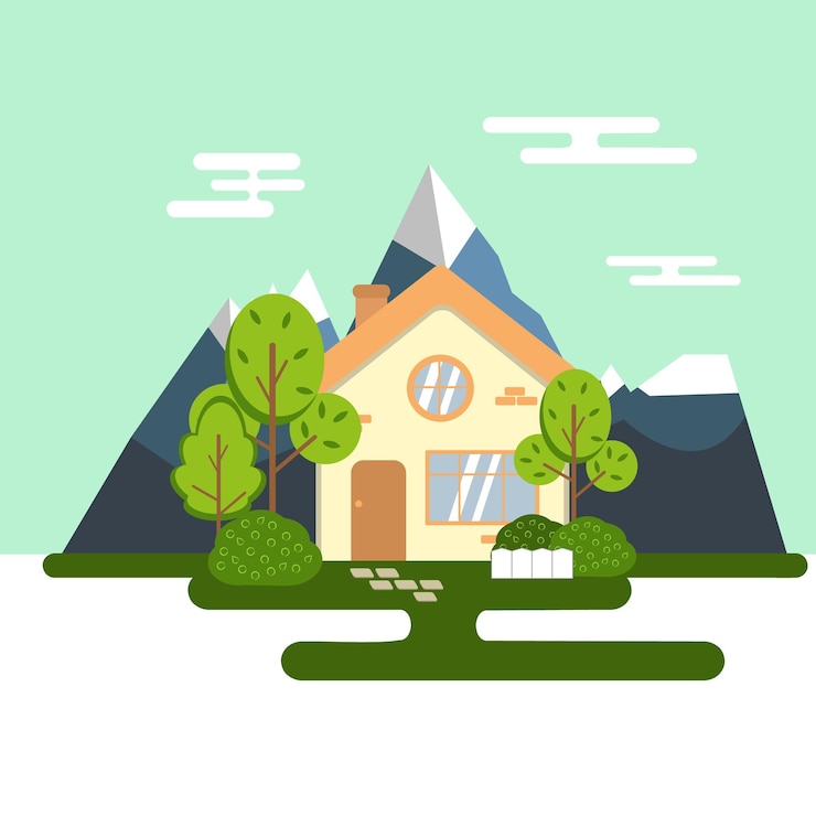 Vector vector illustration with house in mountains summer season cozy home