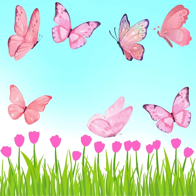 vector illustration with images of butterflies flowers grass and sky