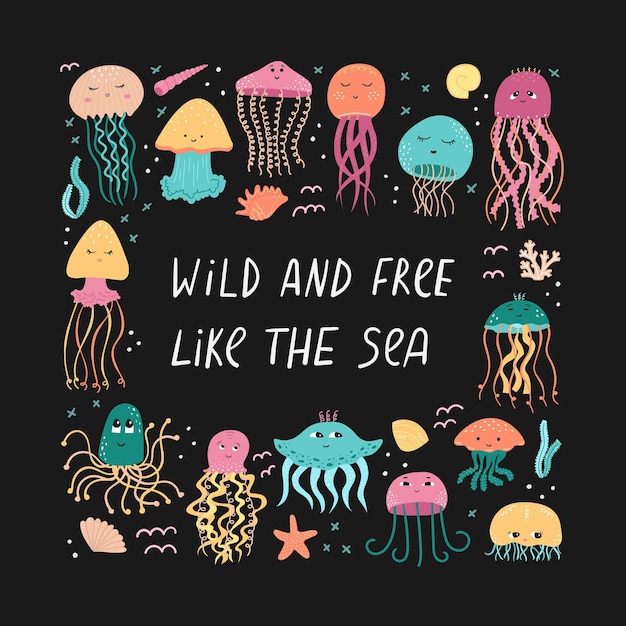 Vector illustration with jellyfishes in cartoon style and lettering