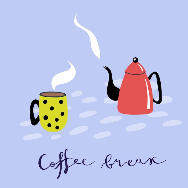 Векторная иллюстрация с чайником, горячим кофе и надписью