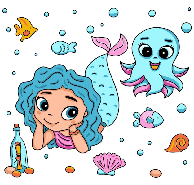 Vector illustration with little mermaid and octopus with big eyes