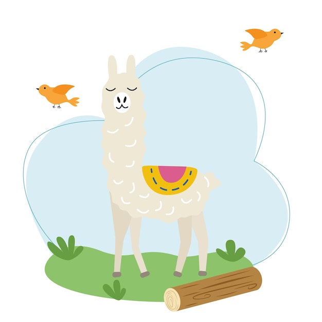 Vector illustration with a llama on a background of sky and grass in flat style.