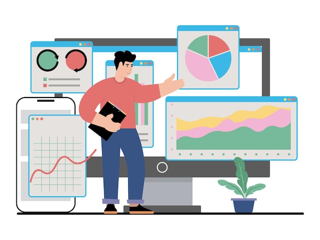 vector illustration with a man who shows a digital business activities