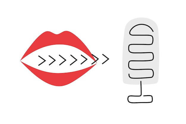 배너 팟캐스트 커버에 대한 마이크 말하는 입 입술 벡터 일러스트 레이 션