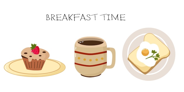 Vector illustration with morning breakfast with coffee cup scrambled egg cupcake