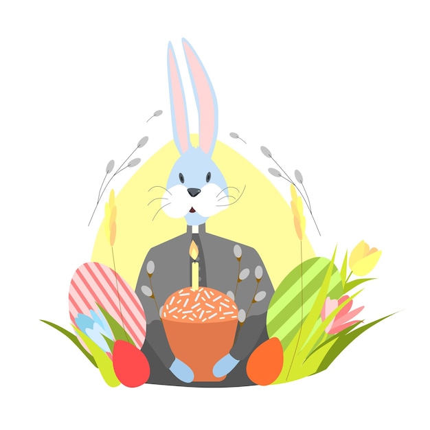 Vector vector illustration with a priest rabbit and with a pie on a white isolated background