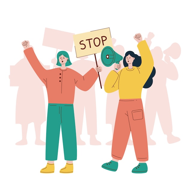 Vector illustration with protesting women Girl with loudspeaker Girl with placard Protest Crowd of protesters