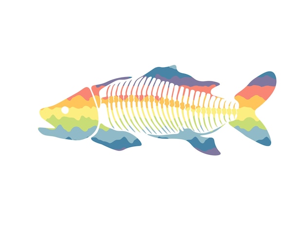 Vector vector illustration with rainbow fish skeleton isolated on a white background