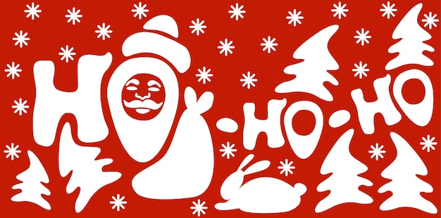 산타 클로스, 크리스마스 나무, 눈송이 및 토끼와 벡터 일러스트 레이 션. 호 호 호. 흰색과 빨간색