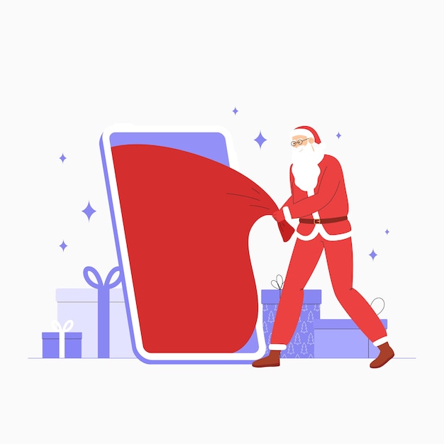 Vector illustration with Santa Claus pulling a big red bag of gifts from the phone.