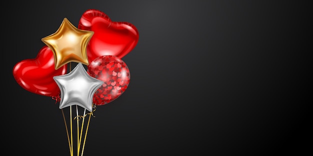 Vector illustration with several golden, red and silver helium balloons, round, heart-shaped and star-shaped, on black background