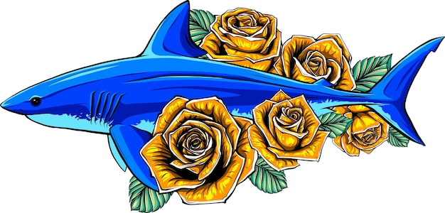 vector illustration with shark peonies flowers