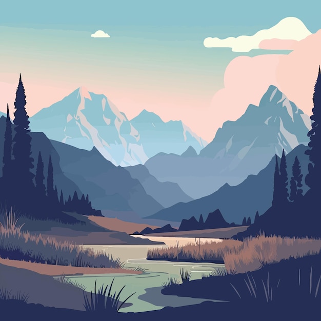 Illustrazione vettoriale con un semplice paesaggio luminoso con un bellissimo lago e montagne sullo sfondo
