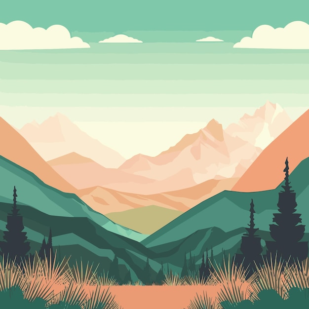 Векторная иллюстрация с простым ярким пейзажем с красивым озером и горами на заднем плане