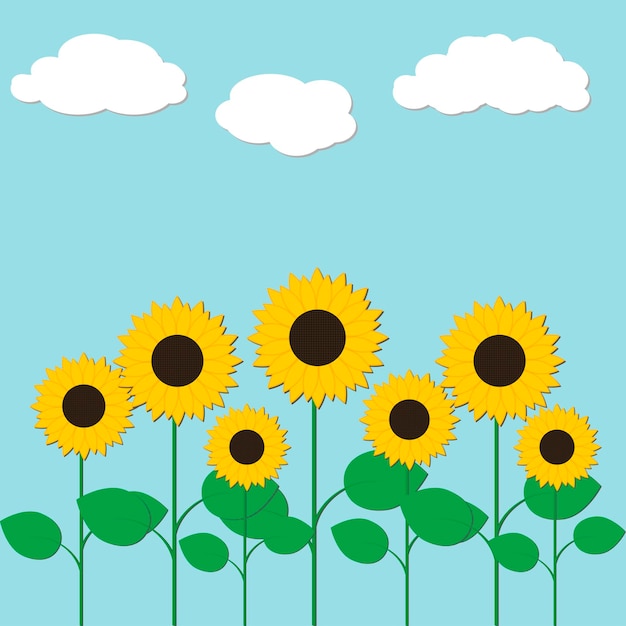 Vector vector illustration with sunflowers and clouds