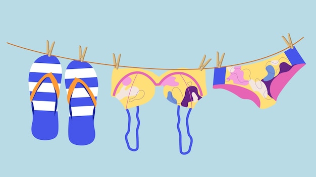 Vector illustration with a swimsuit and flip flops hanging on a clothesline. Summer travel, vacation