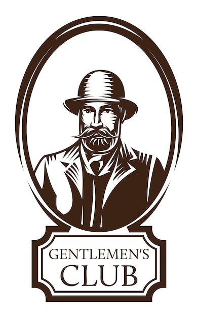 Vector illustration with template for badge with a gentleman with hat