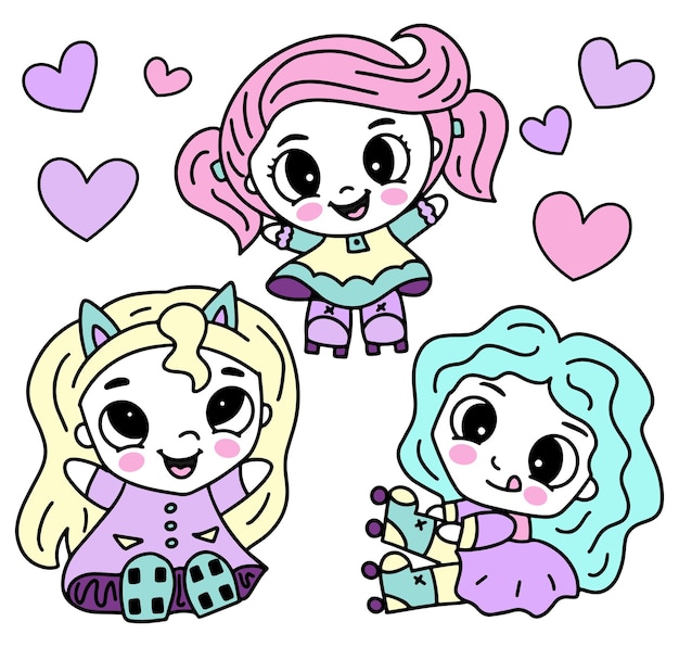 Vector illustration with three girls on roller skates