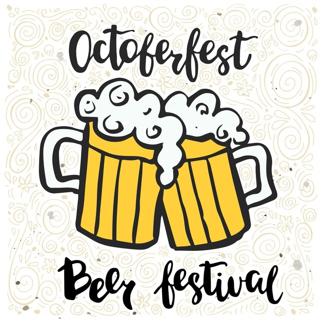 Vector illustration with two beer mugs and an inscription Octoberfest festival