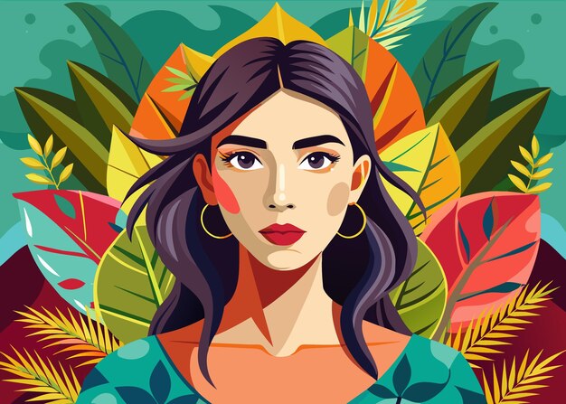 Vector vector illustration with a womans face and a palm tree in the background