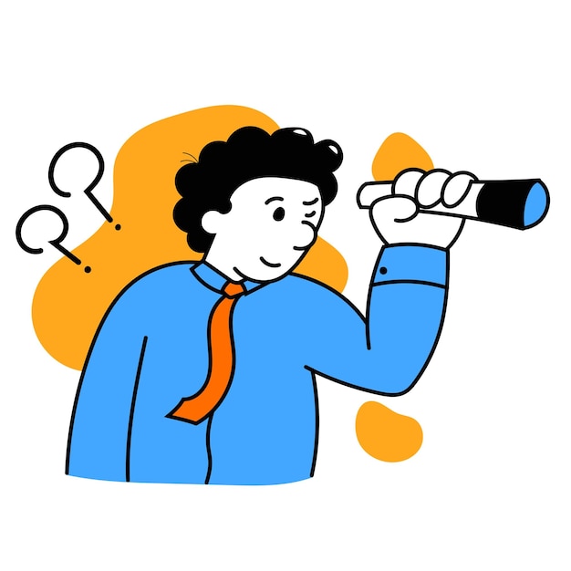 Vector illustration with young ambitious smart manager looking through binoculars