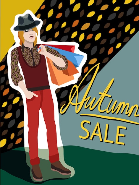 Vector illustration with young man in a hat and bright wear, carrying his purchases in package. Autu