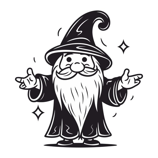 Vector illustration of a wizard in a hat and cloak with a beard