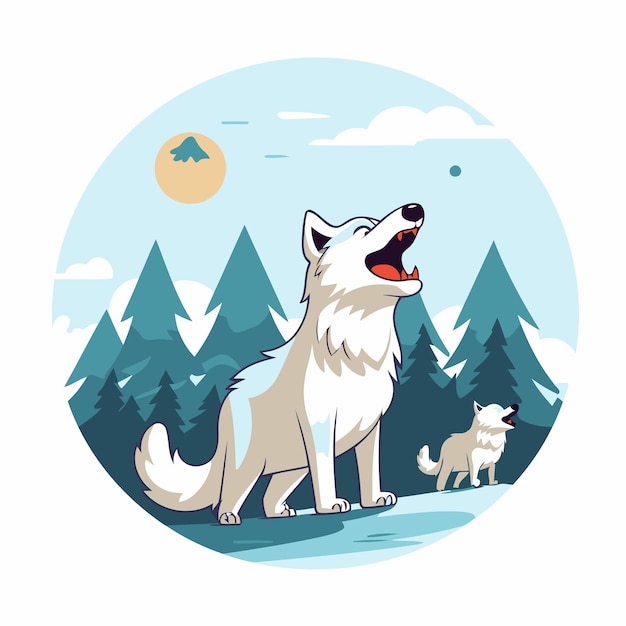 Vettore illustrazione vettoriale di un lupo e un cane nella foresta in stile cartone animato