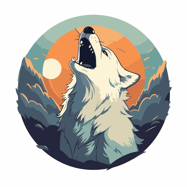 Vector vector illustration of a wolf howling in front of the sunset