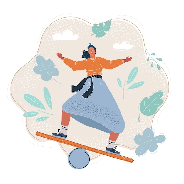 Vector illustration of woman balancing on board