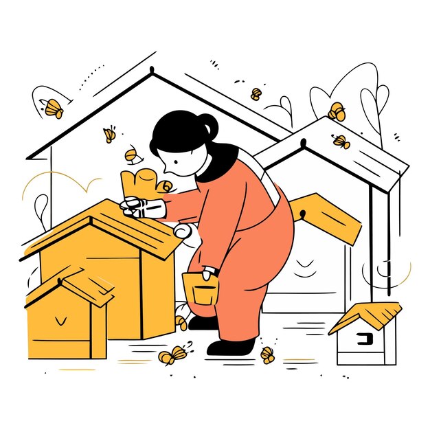 Vector illustration of a woman in a bee house Flat style