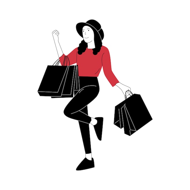 Illustrazione vettoriale di donna che trasporta borse della spesa felice concetto di shopping