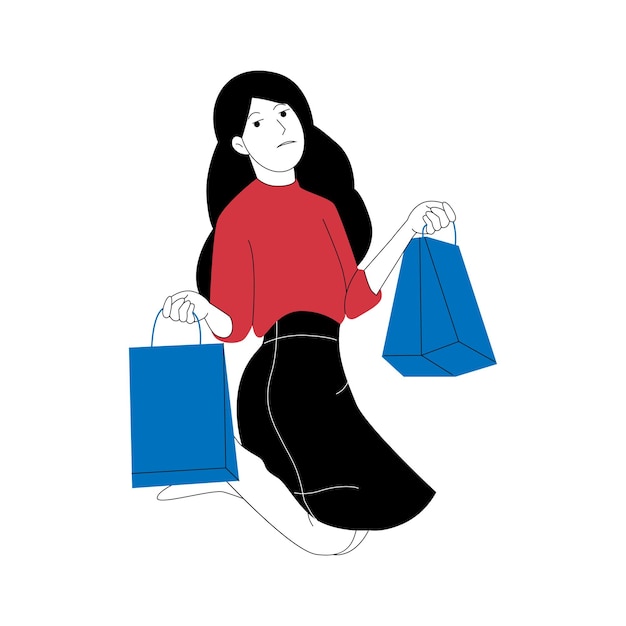 векторная иллюстрация женщины, несущей сумки с покупками, концепция счастливых покупок