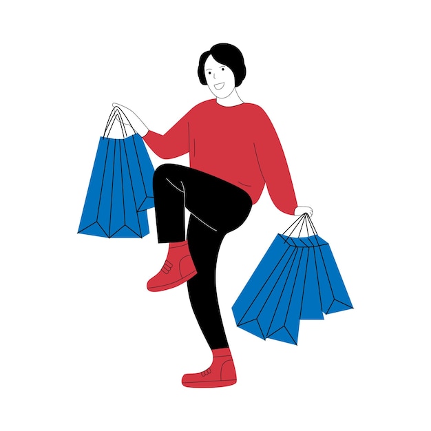 Illustrazione vettoriale di donna che trasporta borse della spesa felice concetto di shopping