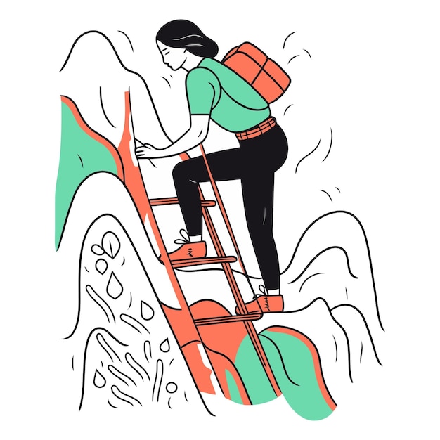 Vector vector illustration of a woman climbing a ladder to the top of the mountain