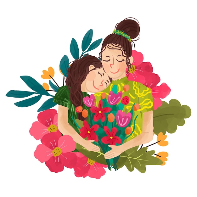 Vector vector illustration of woman and daughter