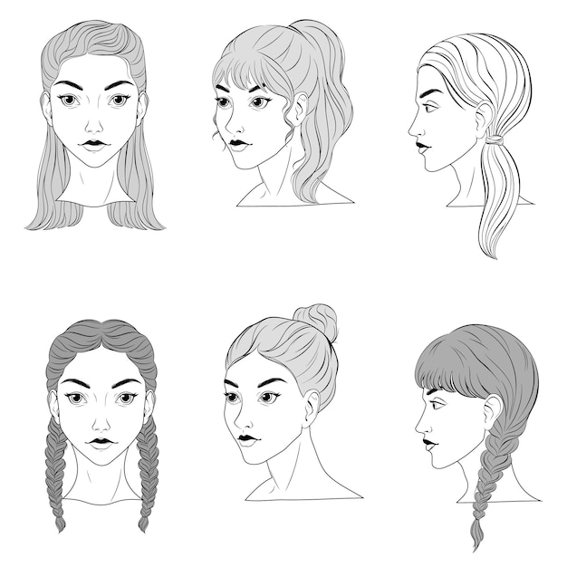 Vector illustration of woman different hairstyles Stylish modern female haircut long hair short h