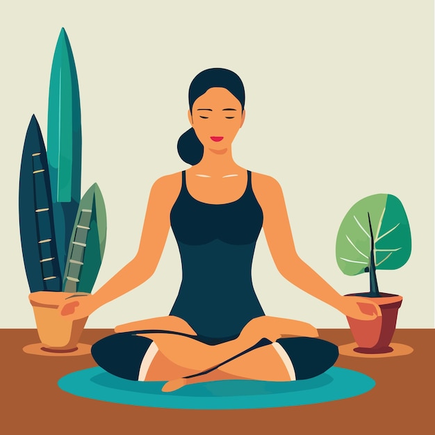 Vector illustration woman doing yoga and meditating in lotus pose she is drawn in a circle with a